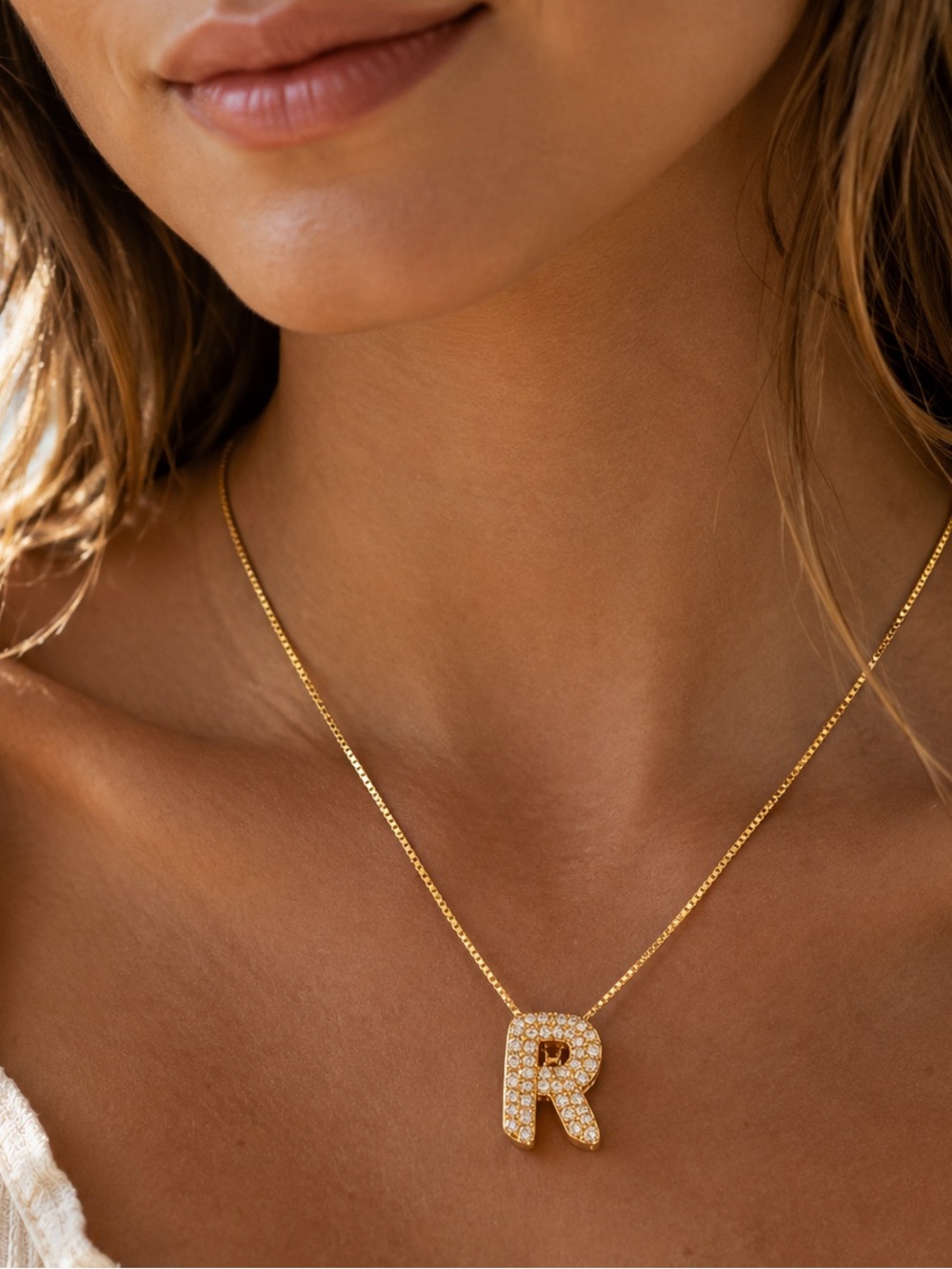 18K Gold Plated Initial R CZ Necklace Box Chain Stainless Steel Waterproof